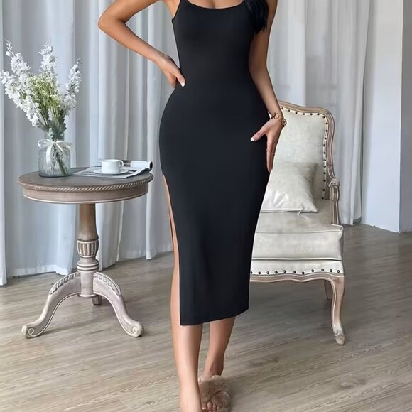 Black Women’s Spaghetti Strap Bodycon Maxi Dress Sexy Slit Cocktail Evening - Picture 3 of 7